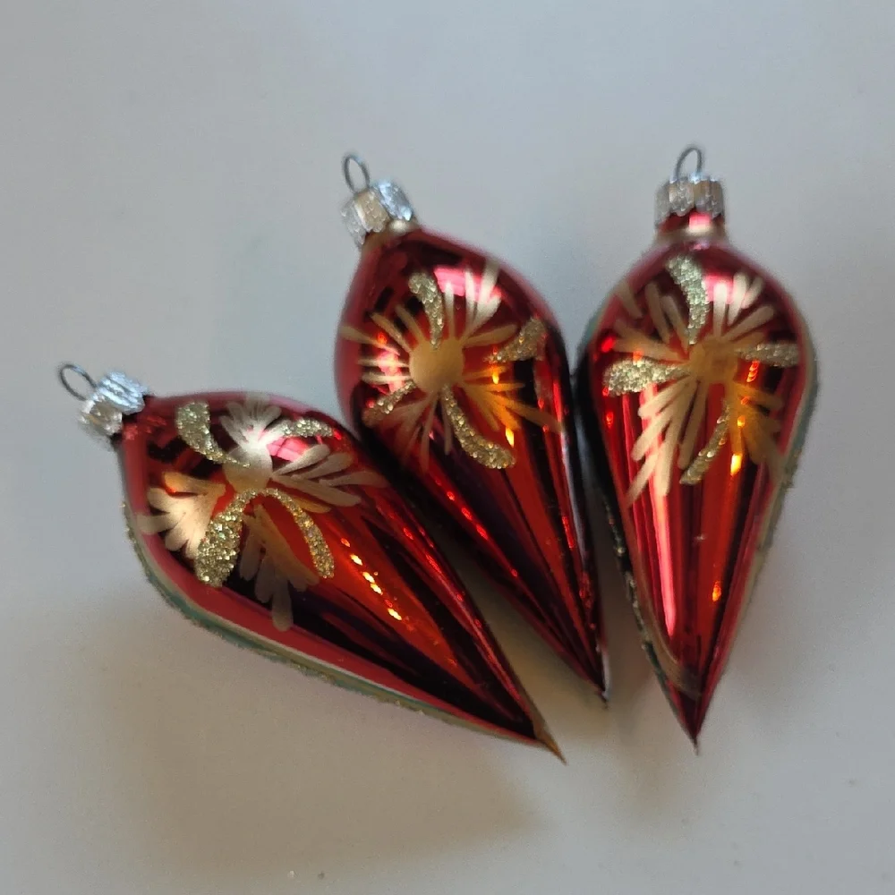 Vintage Holiday Ornaments Set Of 6 - Glass With Glitter Accents